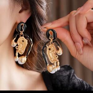 Schiaparelli Inspired Statement Earrings Gold Tone Runway Long Big